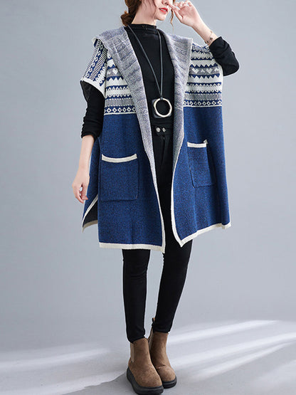 xakxx Artistic Retro Loose Casual With Pocket Hooded Short Sleeves Cardigan Outwear