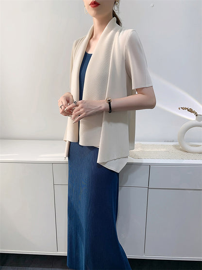 xakxx Loose Short Sleeves Pleated Solid Color Collarless Outerwear