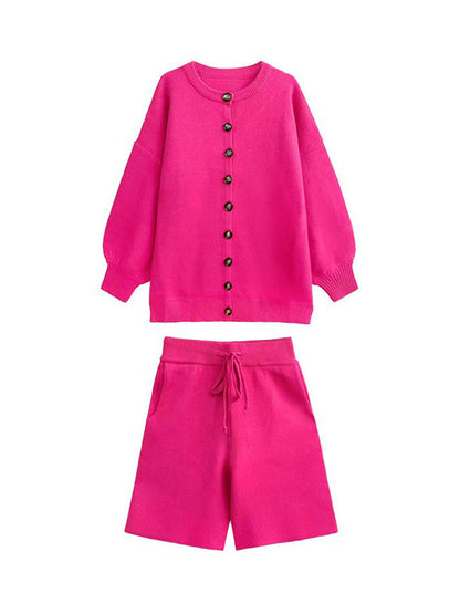 xakxx Long Sleeves Loose Buttoned Round-Neck Sweater Top + Drawstring Shorts Bottom Two Pieces Set