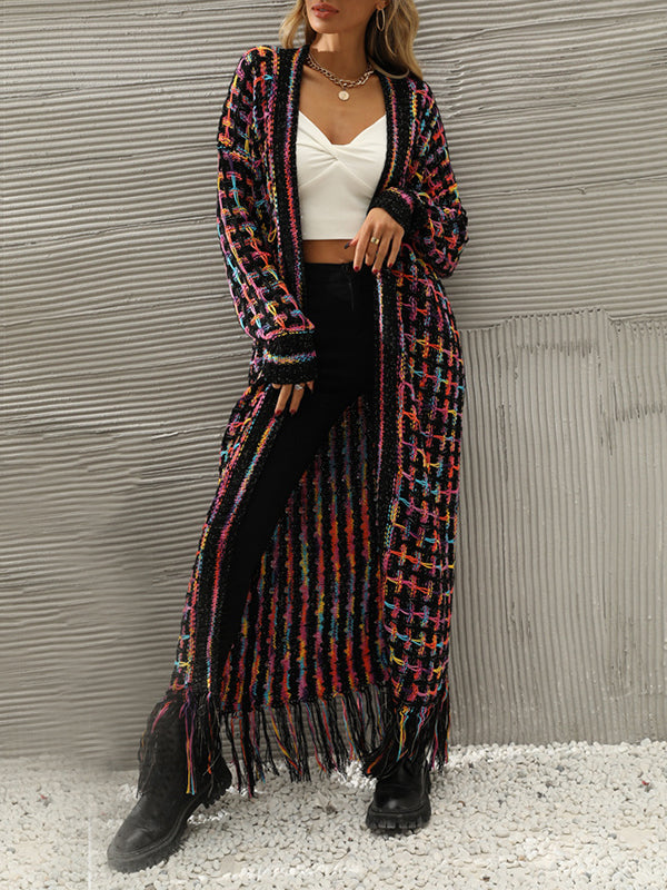 xakxx Long Sleeves Loose Plaid Tasseled Collarless Cardigan Tops