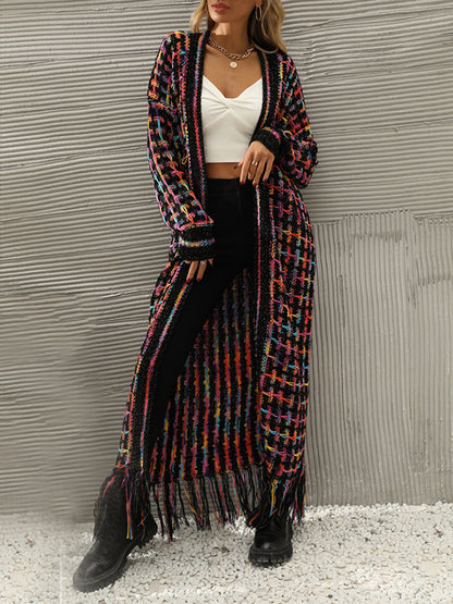 xakxx Long Sleeves Loose Plaid Tasseled Collarless Cardigan Tops