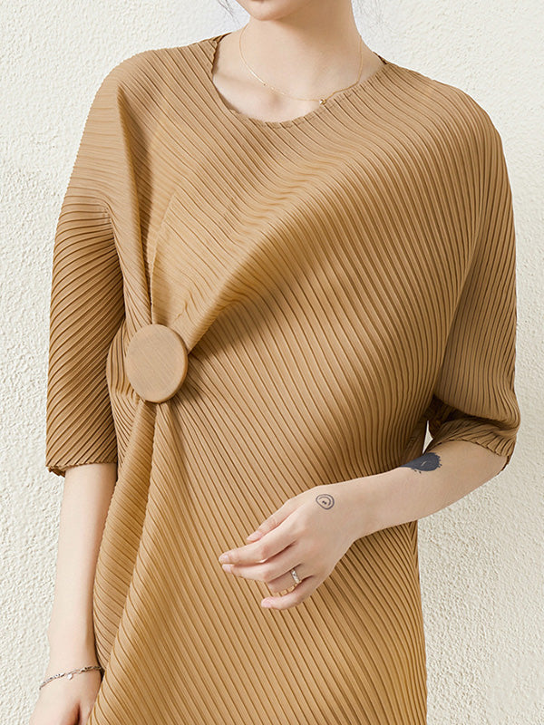 xakxx Stylish Irregularity Loose Pleated Solid Color Round-Neck Midi Dresses