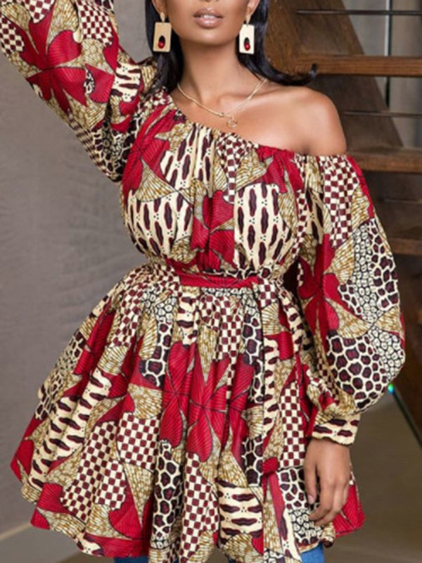 xakxx High Waisted Loose Elasticity Flower Print Tied Waist One-Shoulder Mini Dresses