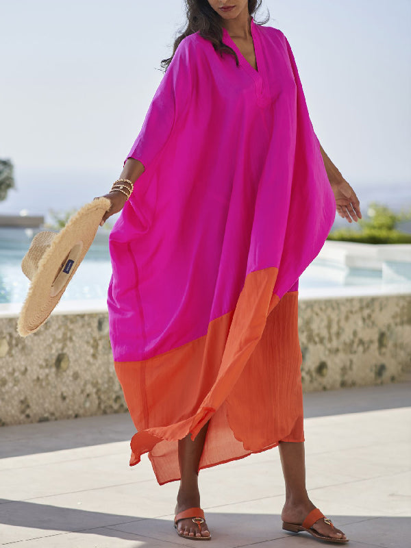 xakxx Beach Loose Contrast Color Split-Joint V-Neck Maxi Dresses