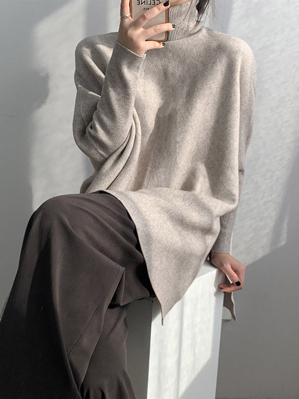 xakxx Original 4 Colors Split-Side High-Neck Long Sleeves Sweater Top