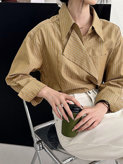 xakxx Long Sleeves Loose Asymmetric Split-Joint Striped Lapel Blouses