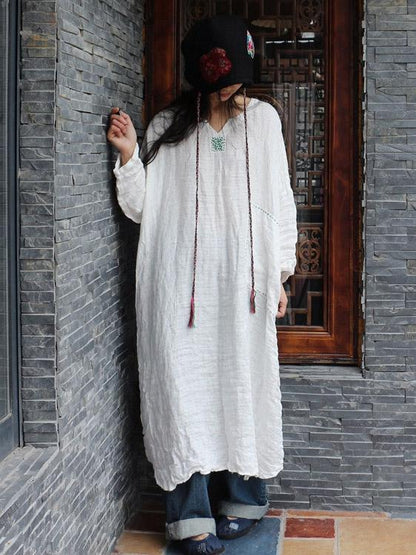 xakxx 100% Linen Manual Embroidered Long Dress