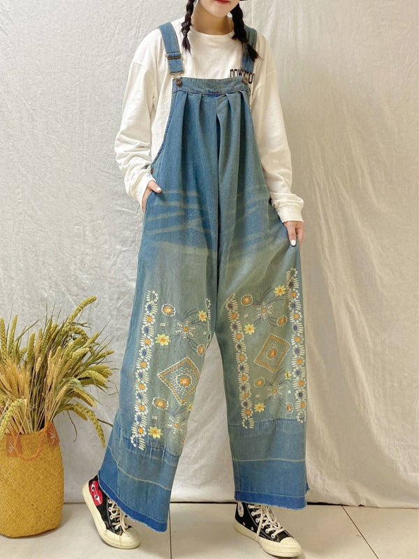 xakxx Vintage Denim Embroidered Wide Leg Jumpsuits