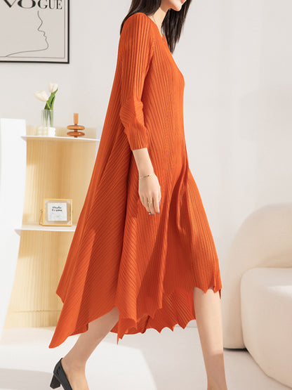 xakxx Irregular Clipping Loose Pleated Solid Color Round-Neck Midi Dresses