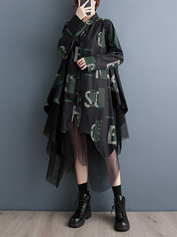 xakxx A-Line Long Sleeves Buttoned Letter Print Mesh Split-Joint Lapel Midi Dresses Shirt Dress