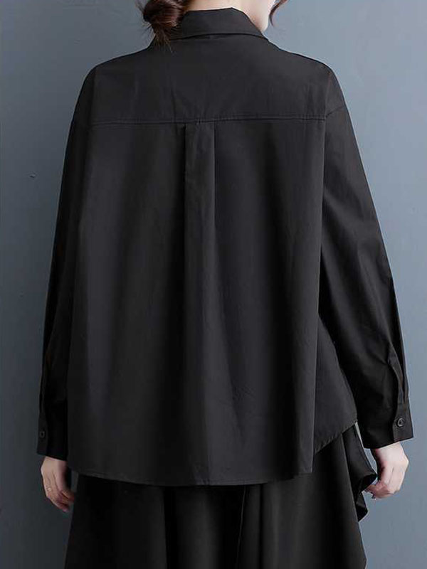 xakxx High-Low Long Sleeves Buttoned Printed Lapel Blouses&Shirts Tops