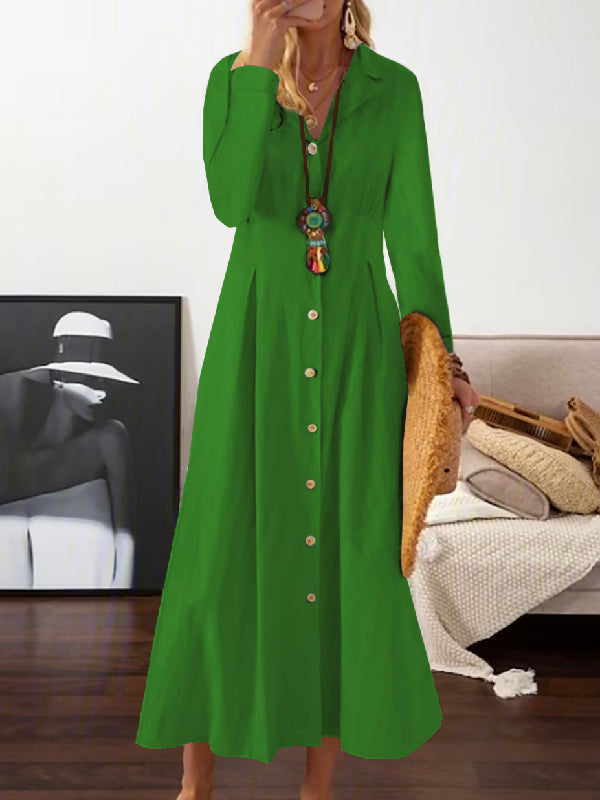 xakxx Long Sleeves Loose Pleated Lapel Midi Dresses Shirt Dress
