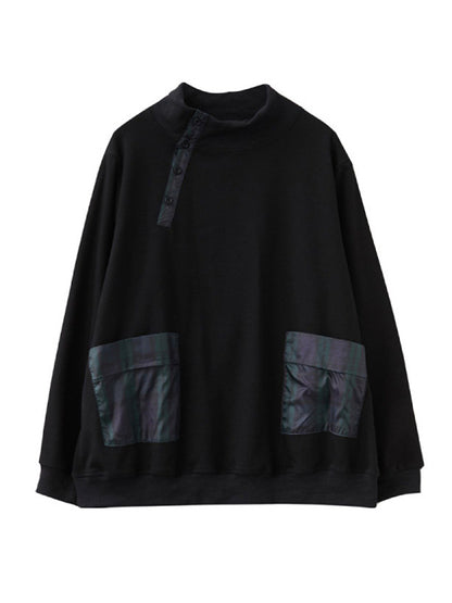 xakxx Simple Long Sleeves Loose Split-Joint Solid Color High-Neck Sweatshirt Tops