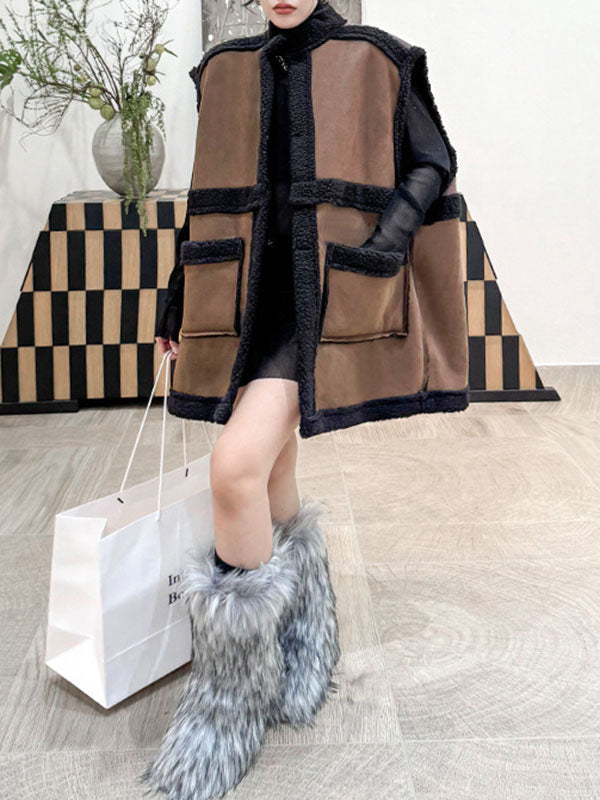 xakxx Loose Sleeveless Buttoned Contrast Color Pockets Reversible Velvet Stand Collar Vest Outerwear