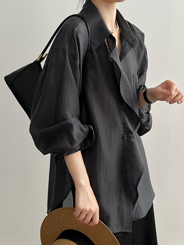 xakxx Irregular Clipping Long Sleeves Solid Color Lapel Blouses&Shirts Tops