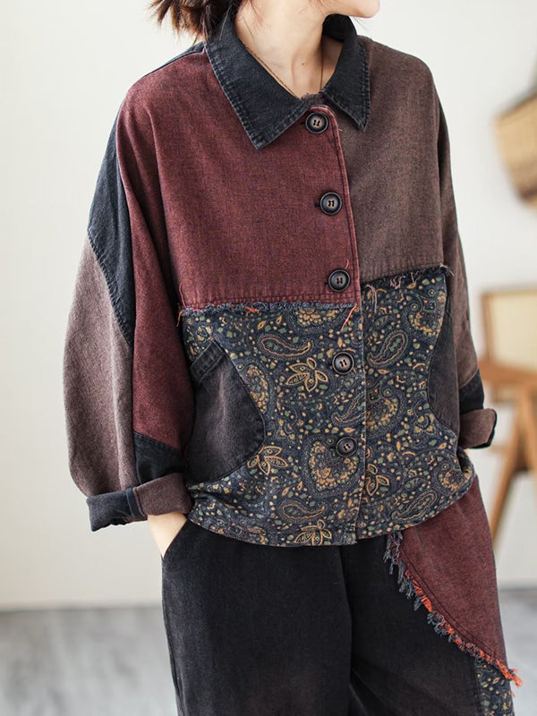 xakxx Contrast Color Fringed Split-Joint Long Sleeves Printed Outwear + Harem Pants  Two Pieces Set