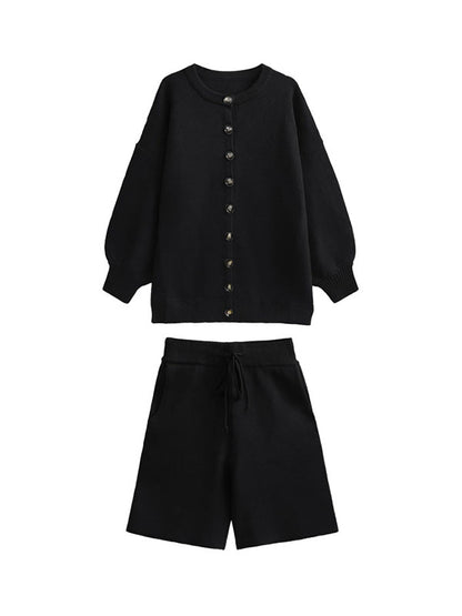 xakxx Long Sleeves Loose Buttoned Round-Neck Sweater Top + Drawstring Shorts Bottom Two Pieces Set