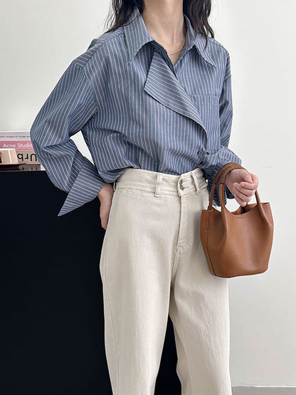 xakxx Long Sleeves Loose Asymmetric Split-Joint Striped Lapel Blouses