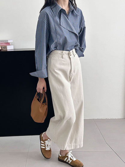 xakxx Long Sleeves Loose Asymmetric Split-Joint Striped Lapel Blouses