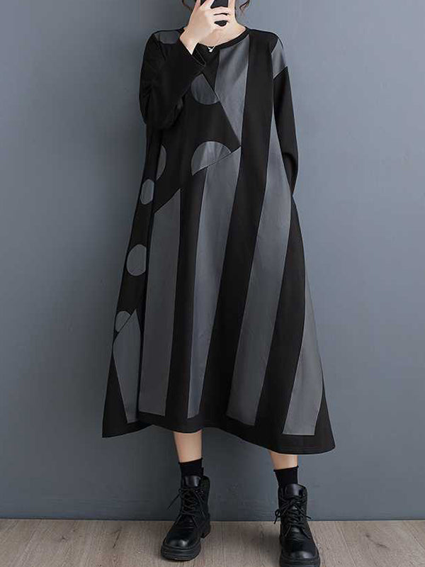 xakxx A-Line Long Sleeves Asymmetric Polka-Dot Split-Joint Striped Round-Neck Midi Dresses