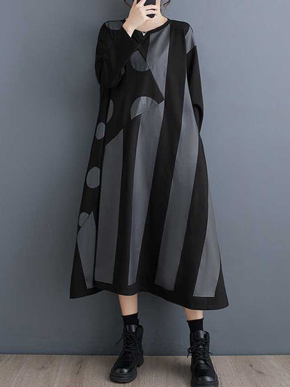 xakxx A-Line Long Sleeves Asymmetric Polka-Dot Split-Joint Striped Round-Neck Midi Dresses
