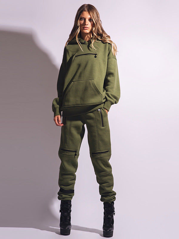 xakxx Stylish High-Waisted Solid Color Zipper Casual Sports Pants