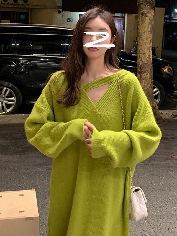 xakxx Urban Loose Long Sleeves Solid Color V-Neck Sweater Dresses
