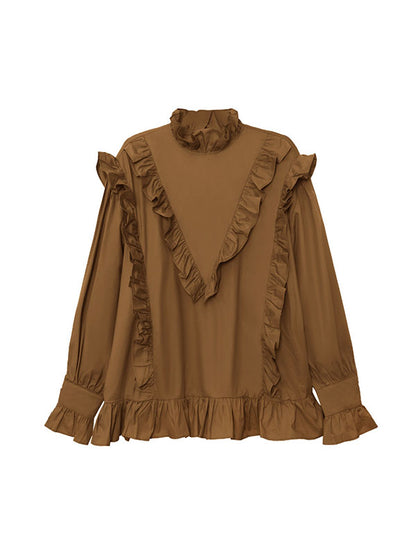 xakxx Long Sleeves Loose Buttoned Ruffled Solid Color Stand Collar Blouses&Shirts Tops