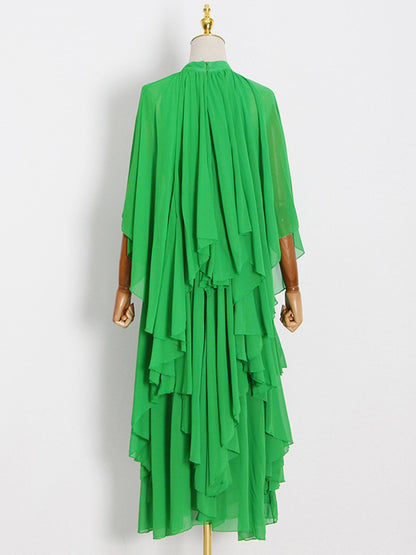 xakxx Loose Raglan Sleeve Solid Color Tiered Stand Collar Maxi Dresses