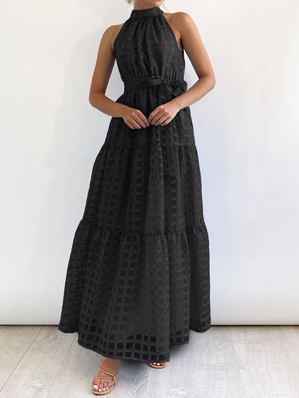 xakxx Loose Sleeveless Plaid Ribbed Stand Collar Maxi Dresses