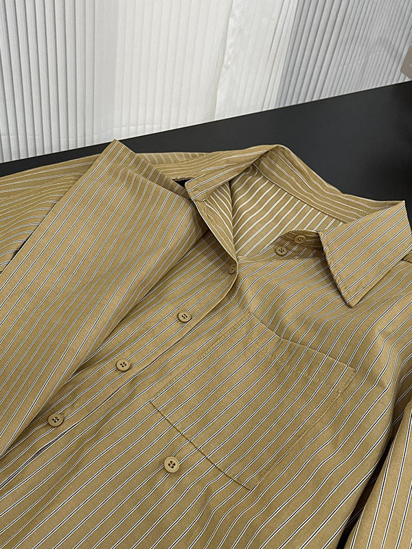 xakxx Long Sleeves Loose Asymmetric Split-Joint Striped Lapel Blouses