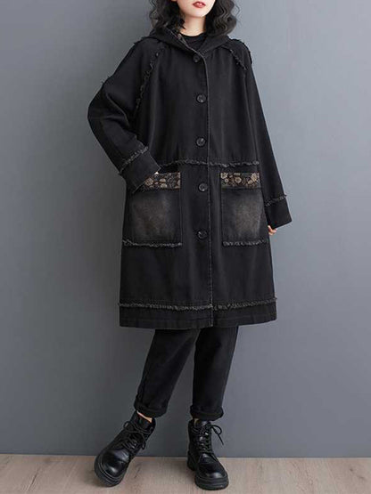 xakxx Loose Raglan Sleeve Floral Printed Fringed Split-Joint Hooded Outerwear Trench Coats
