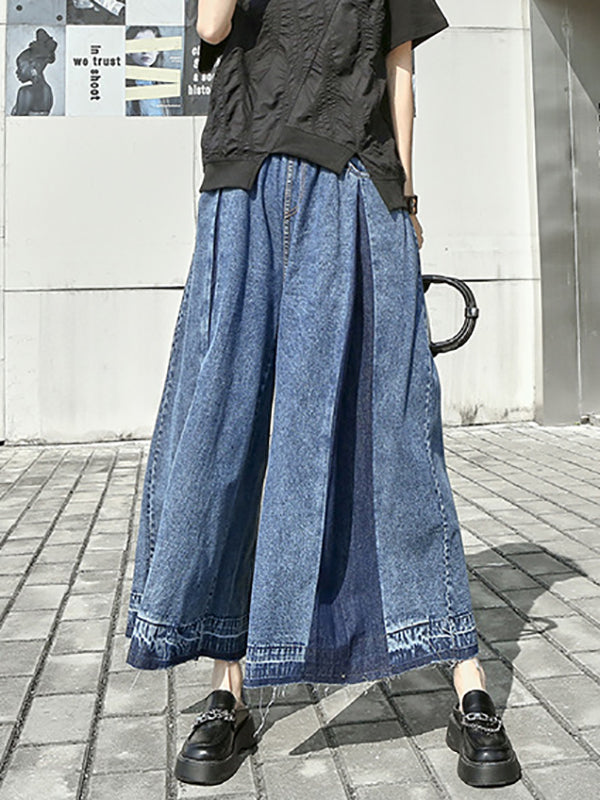 xakxx Loose Wide Leg Elasticity Fringed Pleated Jean Pants Bottoms