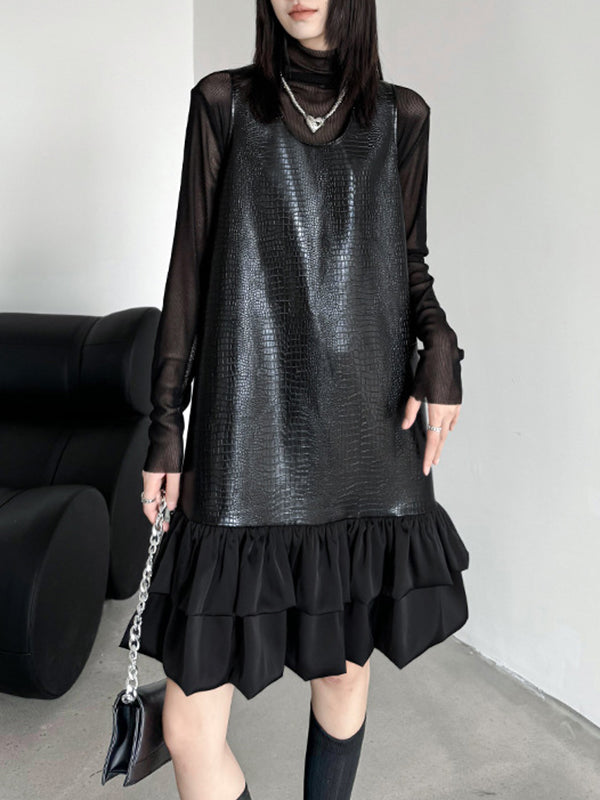 xakxx A-Line Loose Pleated Split-Joint U-Neck Mini Dresses