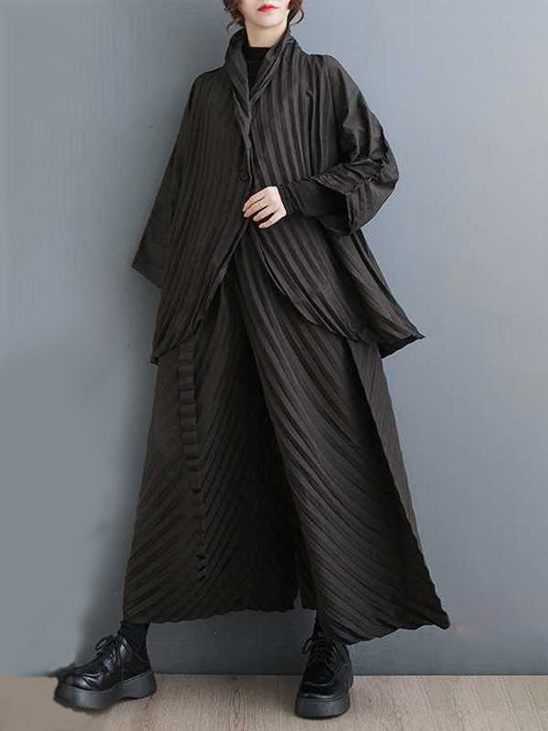 xakxx Long Sleeves Loose Buttoned Pleated Solid Color Stand Collar Shirts Top + Pants Bottom Two Pieces Set