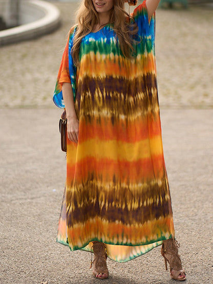 xakxx Batwing Sleeves Loose Split-Side Tie-Dyed V-Neck Beach Cover-Up Maxi Dresses