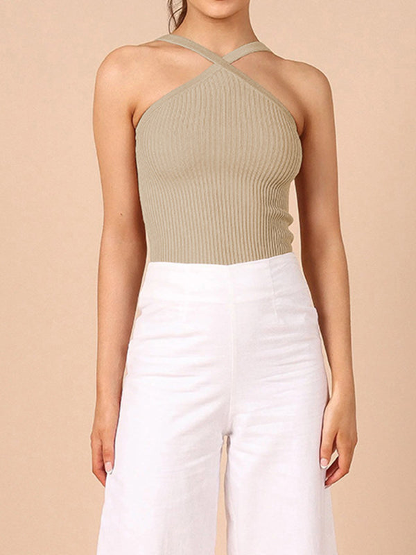 xakxx Skinny Sleeveless Solid Color Halter-Neck Vest Top