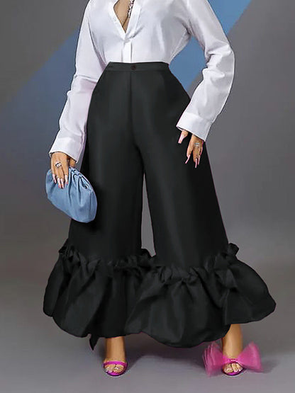 xakxx Loose Wide Leg Buttoned Falbala High-Waisted Solid Color Flared Trousers Pants