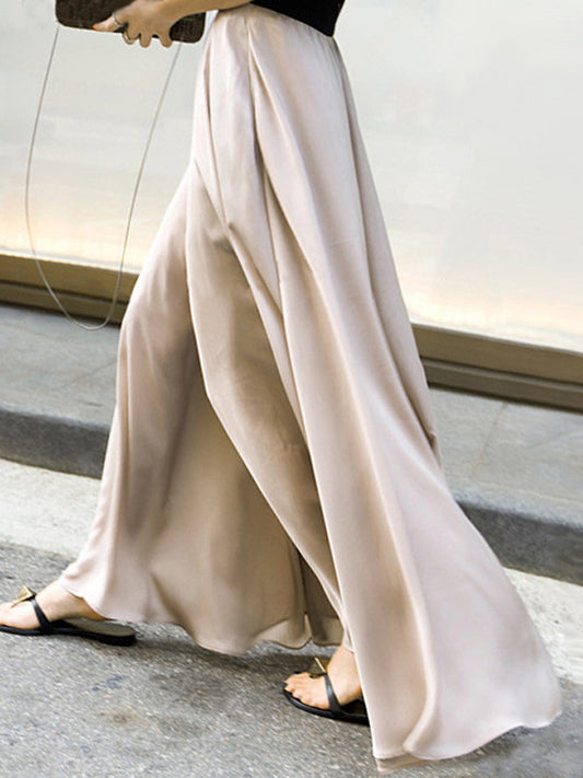 xakxx Simple Solid Color Elasticity High Waisted Wide Leg Pants