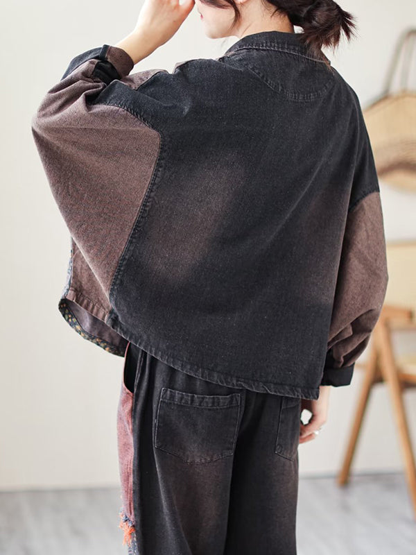 xakxx Contrast Color Fringed Split-Joint Long Sleeves Printed Outwear + Harem Pants  Two Pieces Set