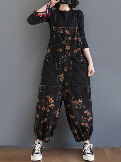 xakxx Original Floral With Pocket Harem Denim Overalls