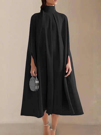xakxx Simple Batwing Sleeves Lace-Up Solid Color High-Neck Midi Dresses