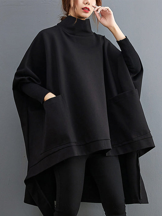 xakxx Urban Solid Color High-Neck High-Low Sweatshirt Top