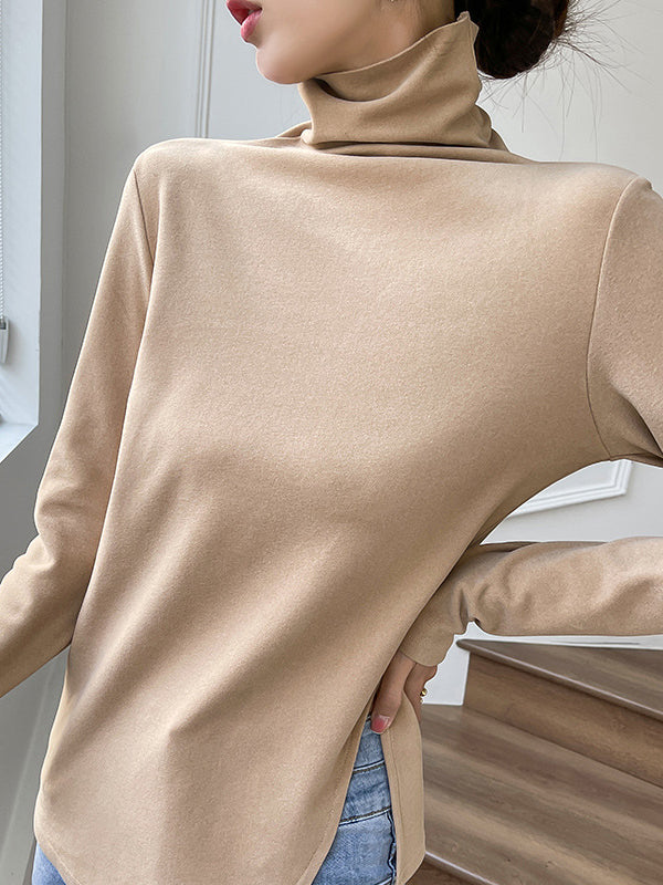 xakxx Casual Skinny Long Sleeves Split-Side Solid Color High-Neck T-Shirts Tops