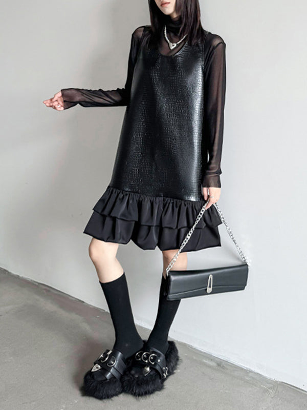 xakxx A-Line Loose Pleated Split-Joint U-Neck Mini Dresses