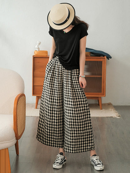 xakxx Artistic Retro Linen Loose Wide Legs Plaid Drawstring Pants