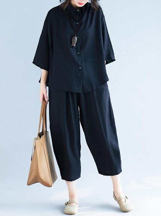 xakxx Two-Pieces Black Loose Shirt And Ninth Pants Suit