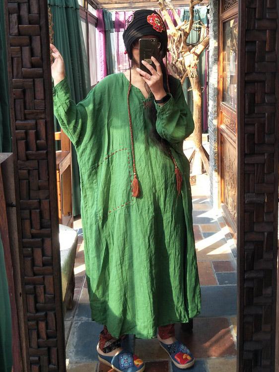 xakxx 100% Linen Manual Embroidered Long Dress