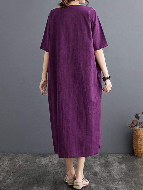 xakxx A-Line Loose Chinese Frog Buttons Pockets Solid Color Split-Side V-Neck Midi Dresses