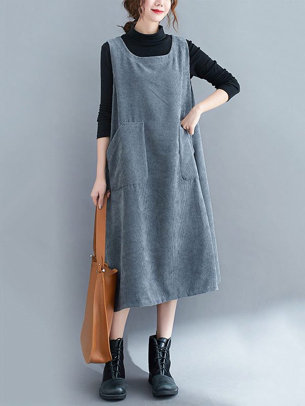 xakxx Corduroy Sleeveless Split-Joint Round-Neck Midi Dress
